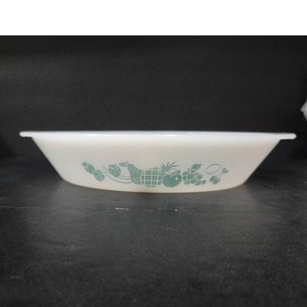 Glasbake‎ Divided Casserole Dish J-2352, Aqua Turquoise Fruit Design Milk Glass